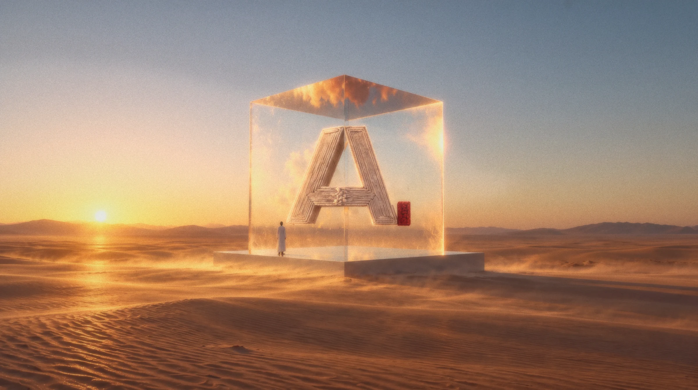 The AUTR glass cube in a golden desert at sunset