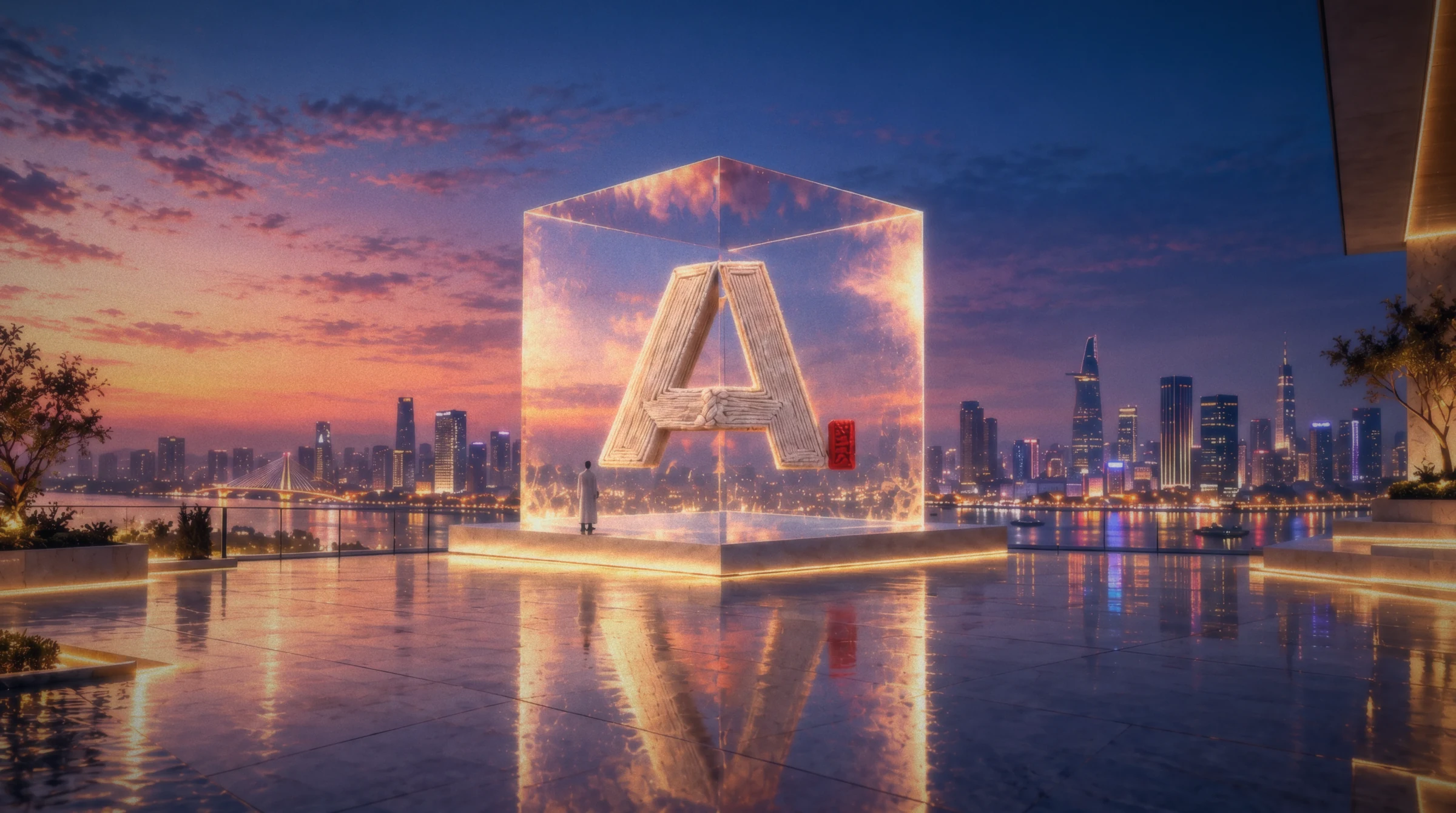 The AUTR glass cube overlooking the Saigon skyline at dusk