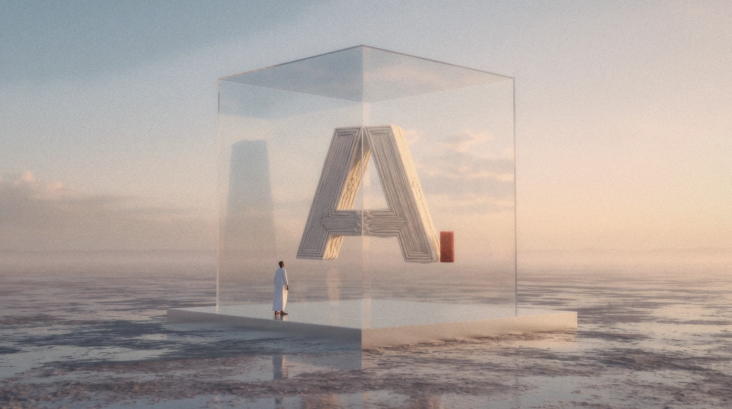 The AUTR glass cube on a reflective tidal shore