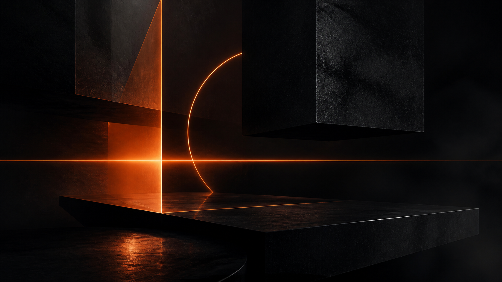 Monolithic black architectural forms cut by a precise orange plane of light