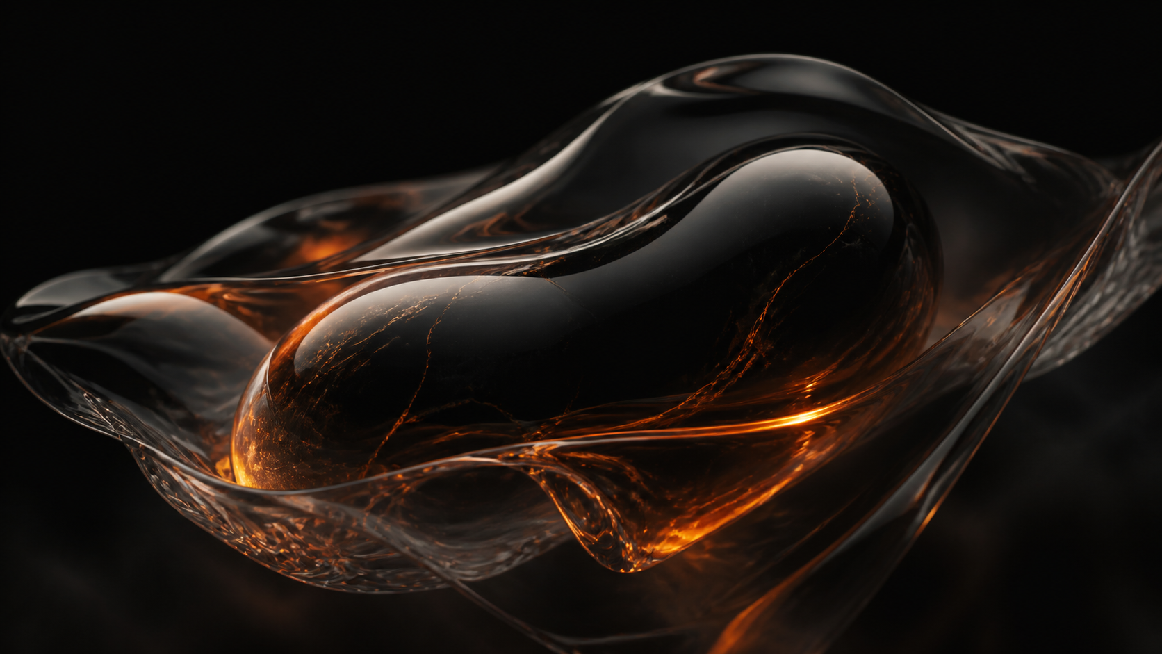 Smoked glass membrane folding around a glowing obsidian form