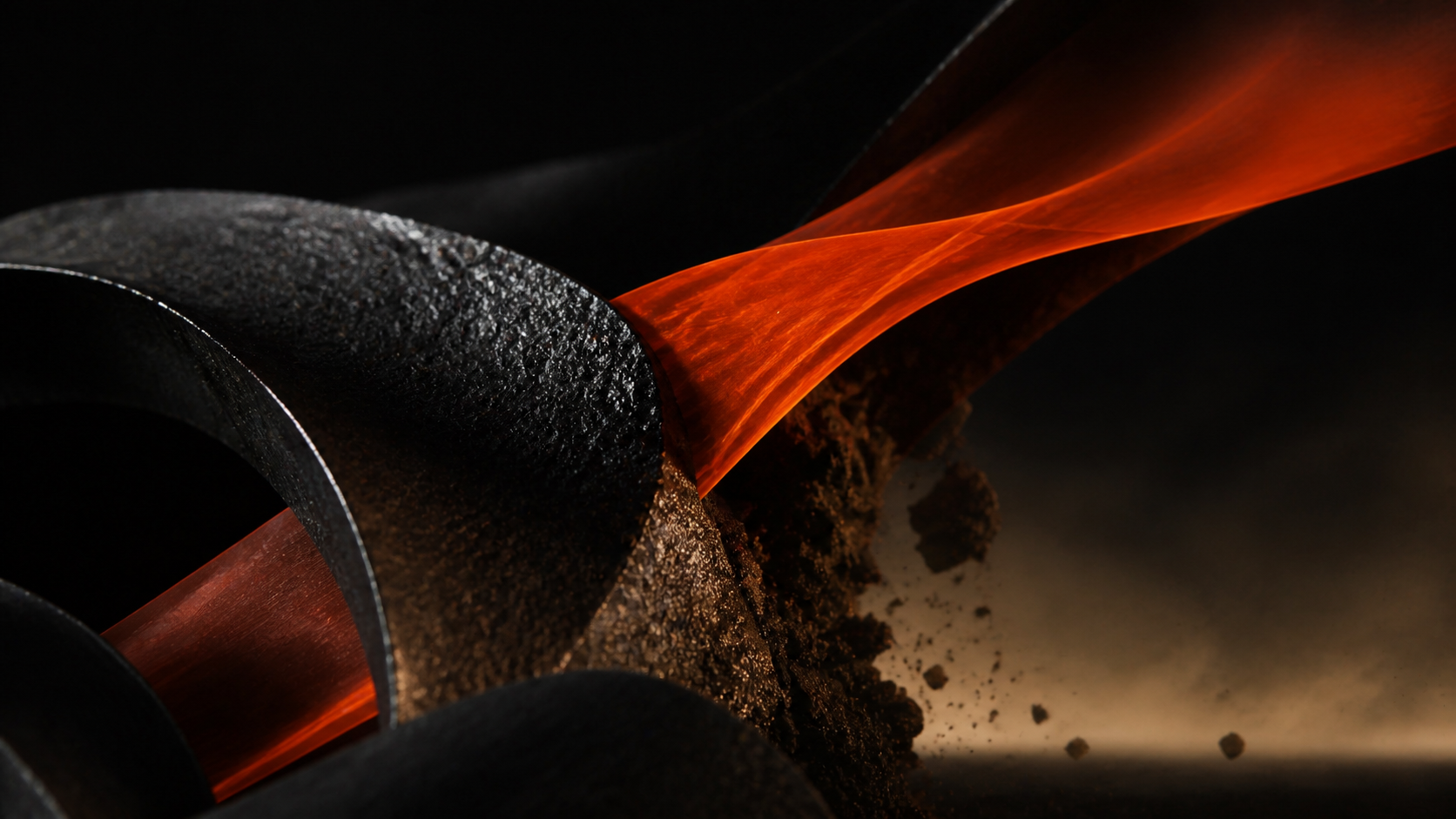 Macro material study of black forms and orange ribbon