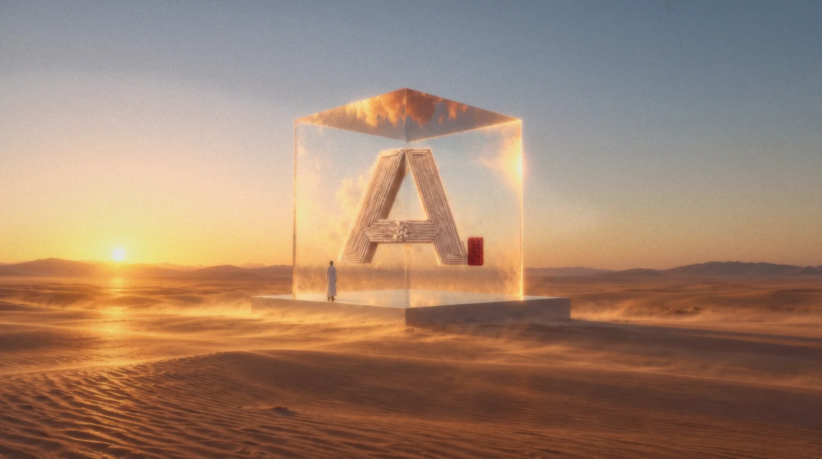AUTR glass cube over desert dunes
