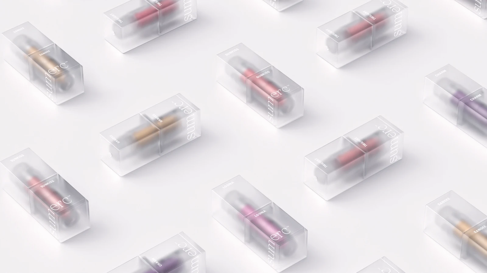 Summer cosmetics packaging identity with translucent product boxes