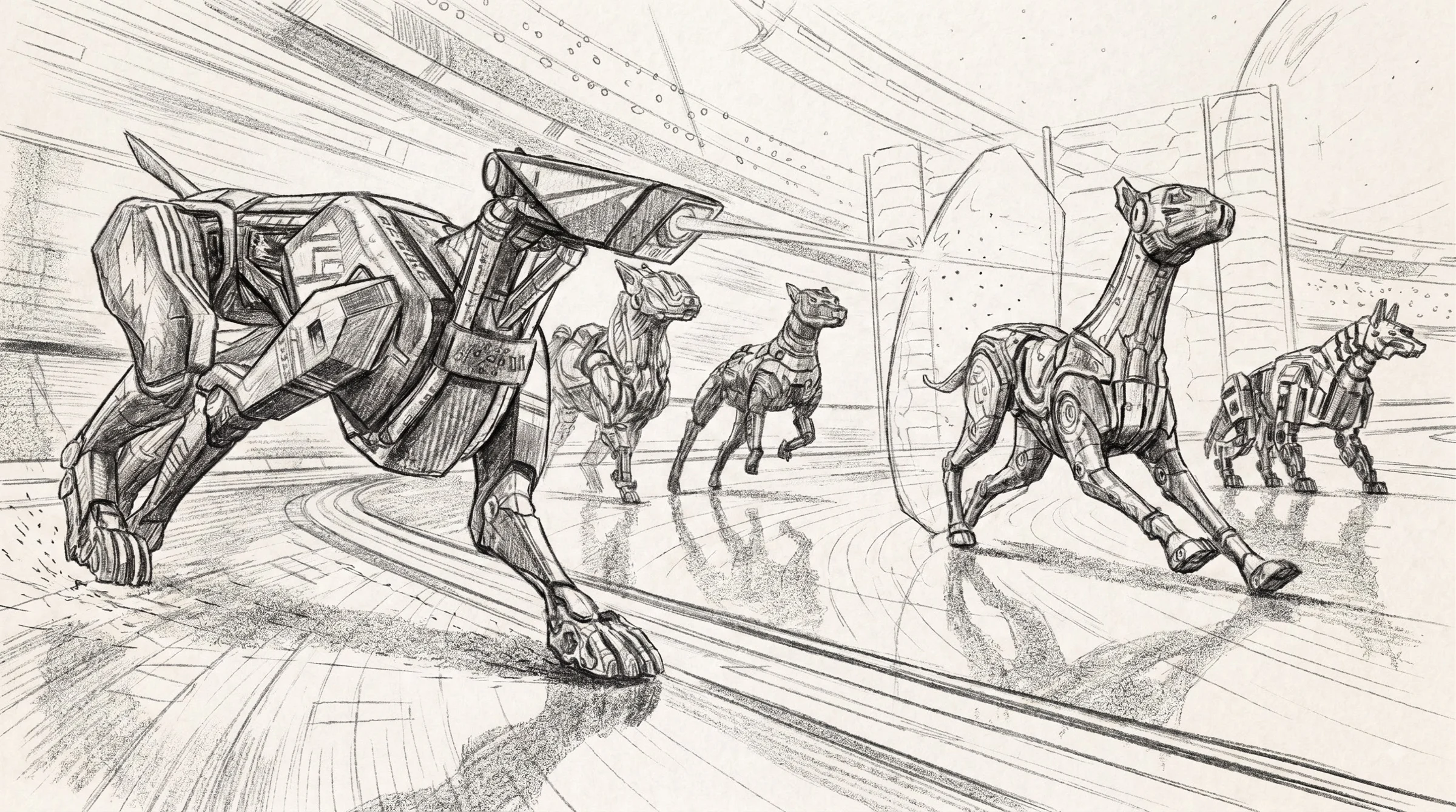 Pencil action-scene sketch of five cyber dogs racing and fighting