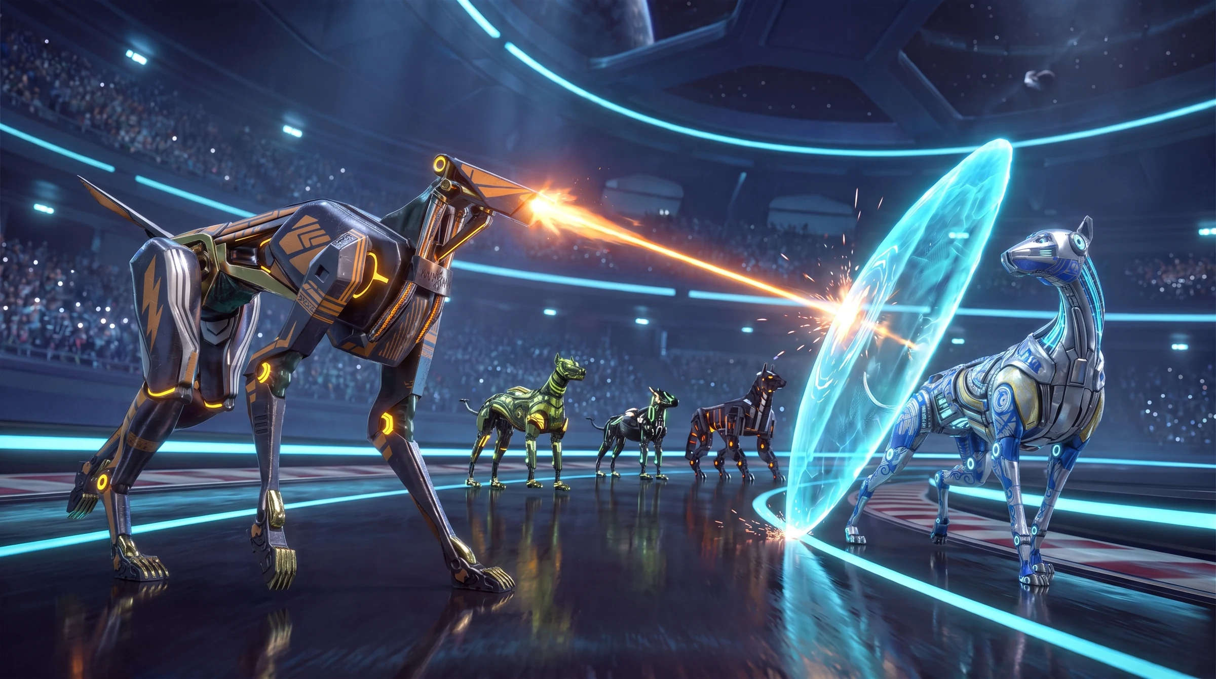 Five weapon-equipped cyber dogs fighting in a neon arena
