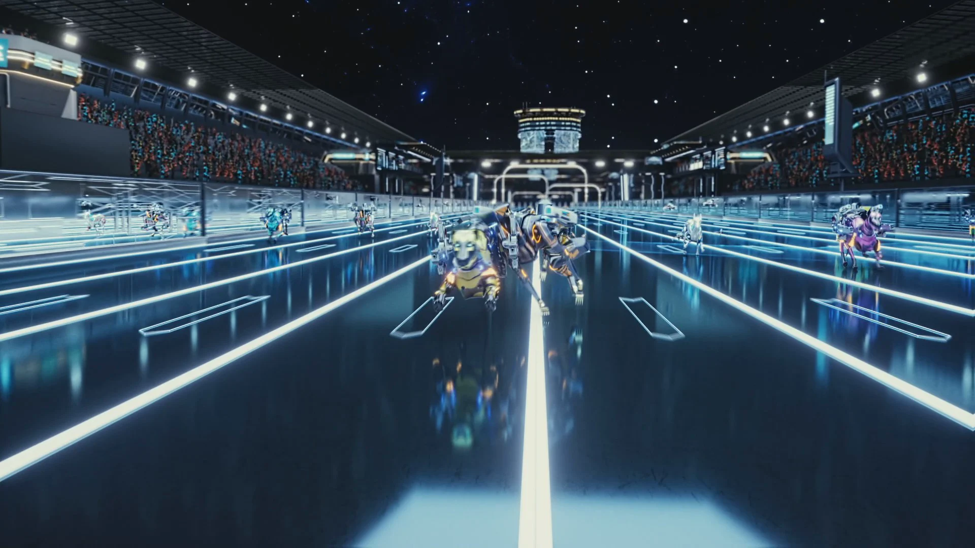 Cyber dogs racing through a luminous arena