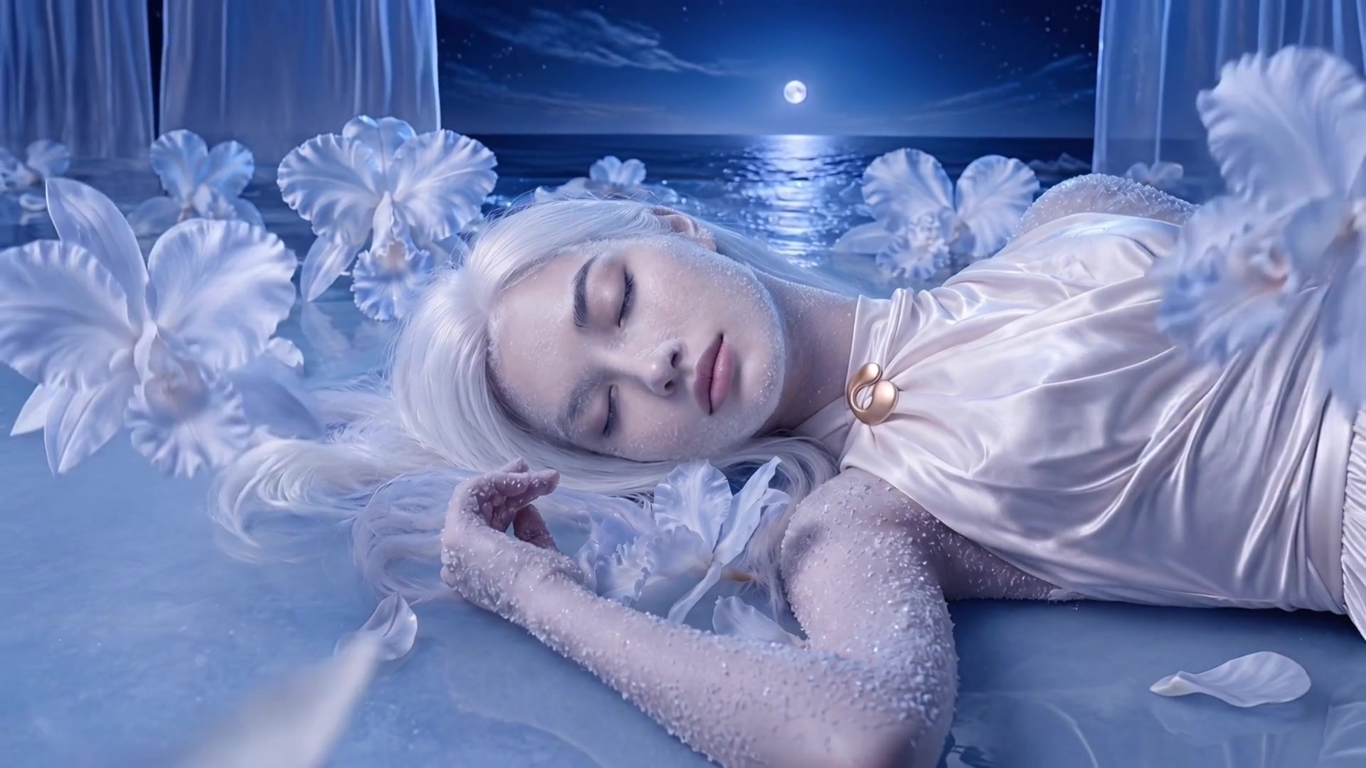 The frost-lit muse lying among luminous orchids