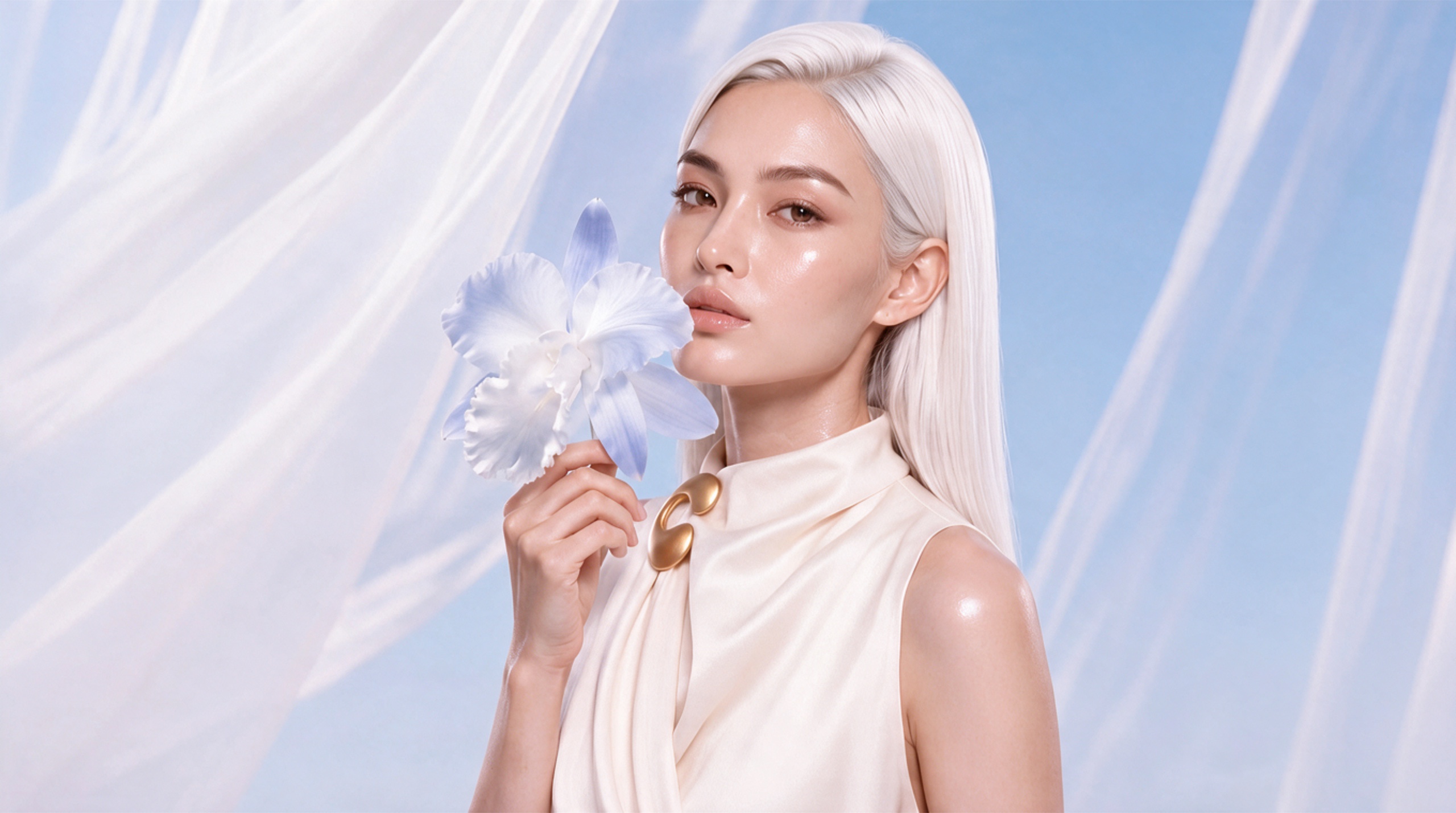 A silver-haired muse holding a pale orchid in a pearl-blue beauty world