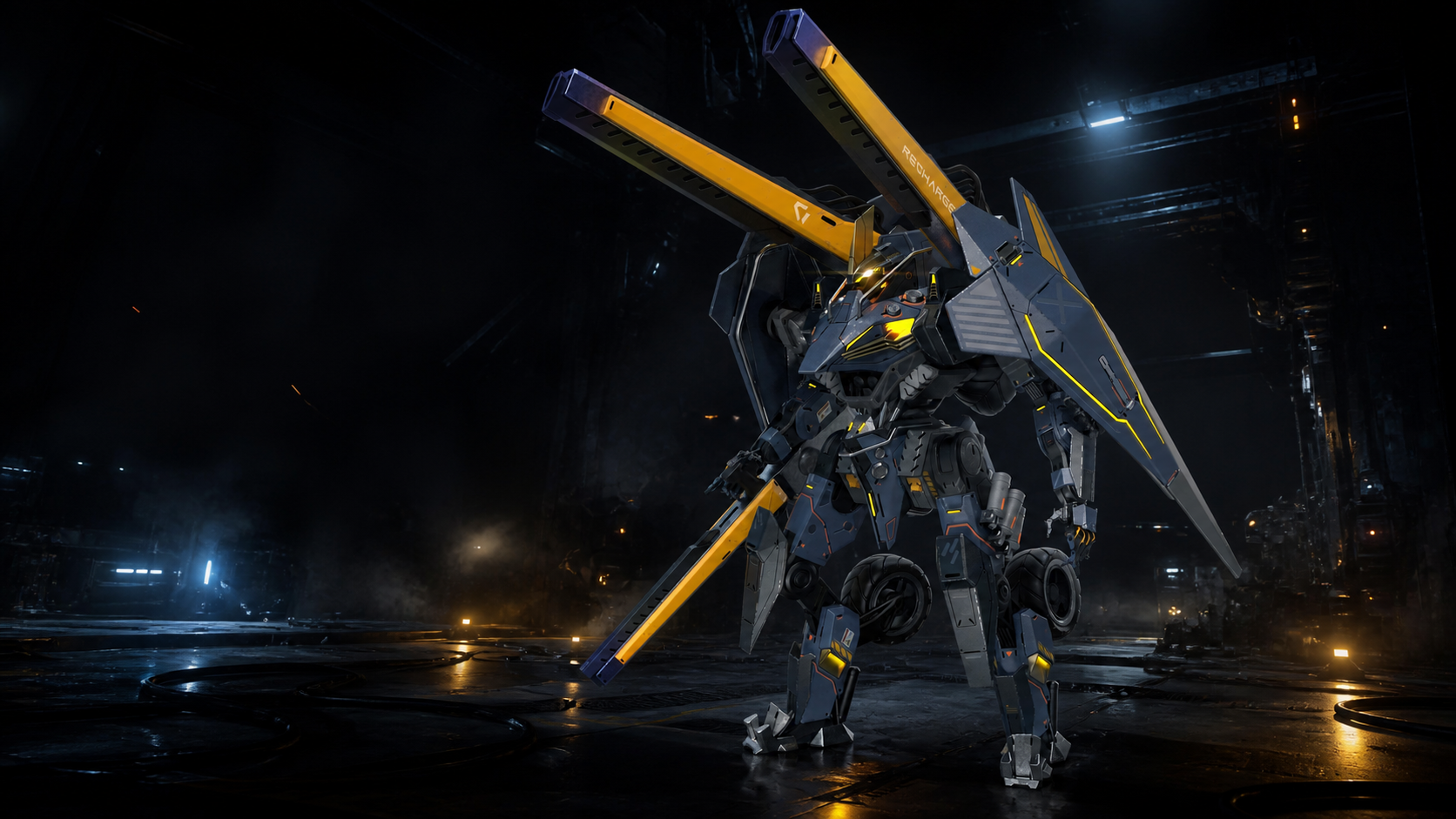 Meta Transformer robot in a dark cinematic hangar