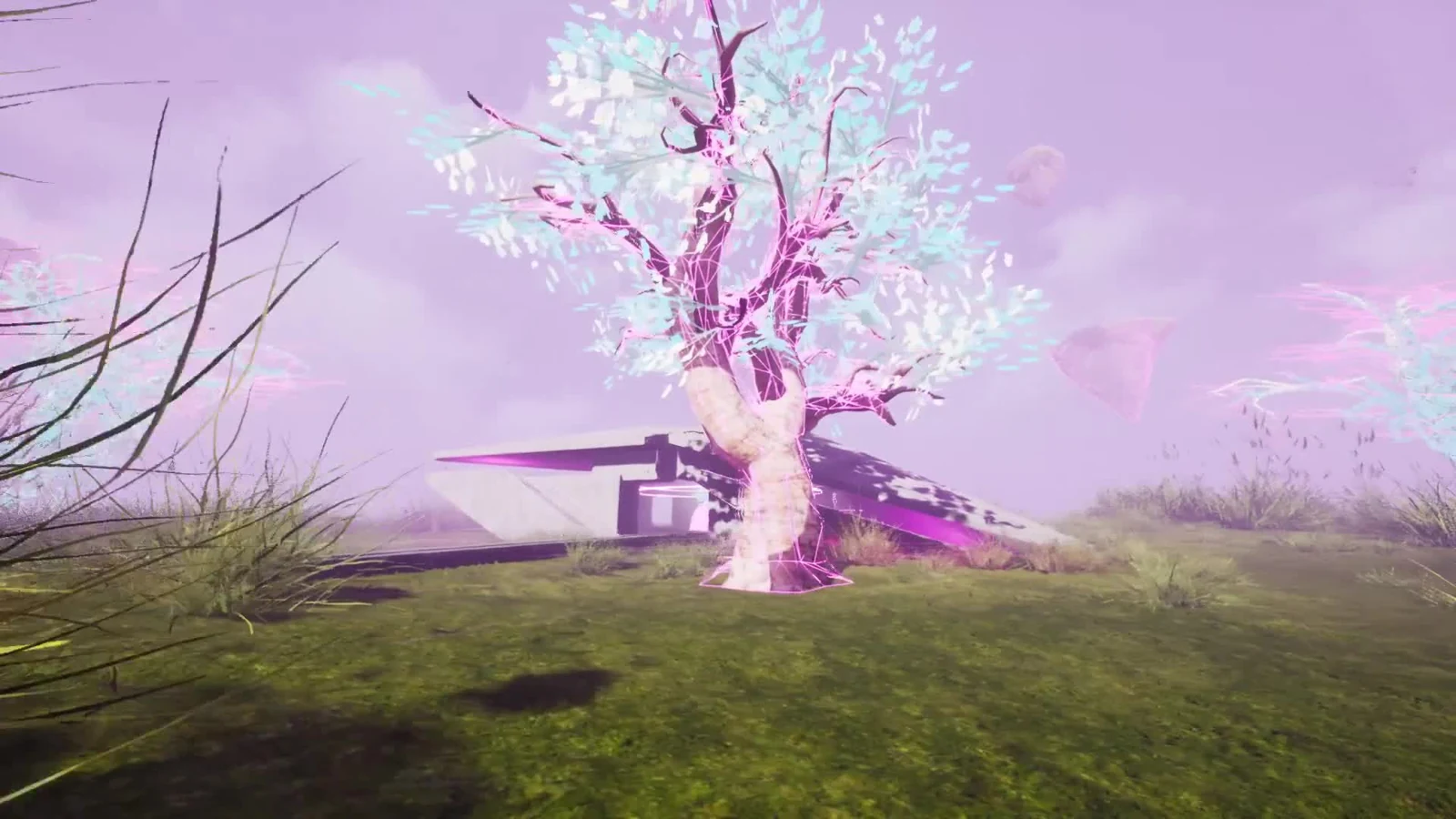 Luminous vegetation in a lilac landscape
