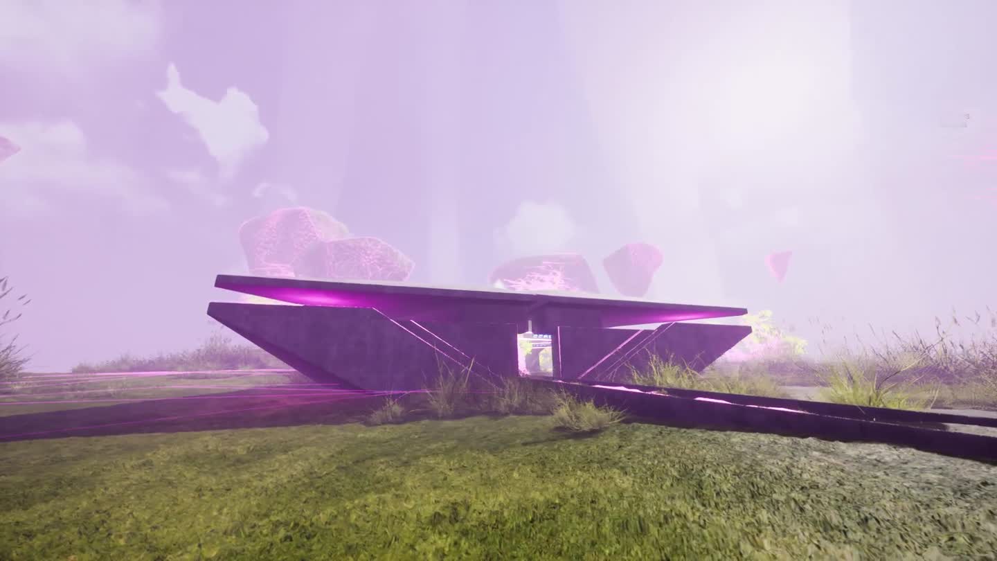 Angular violet architecture in an open grassy landscape