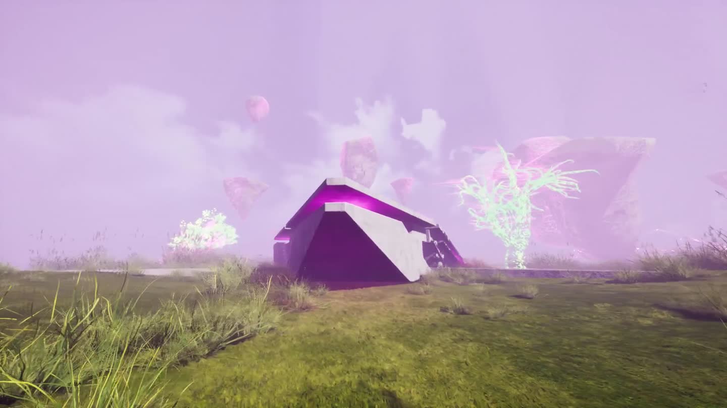 Luminous vegetation and floating stone in a lilac environment