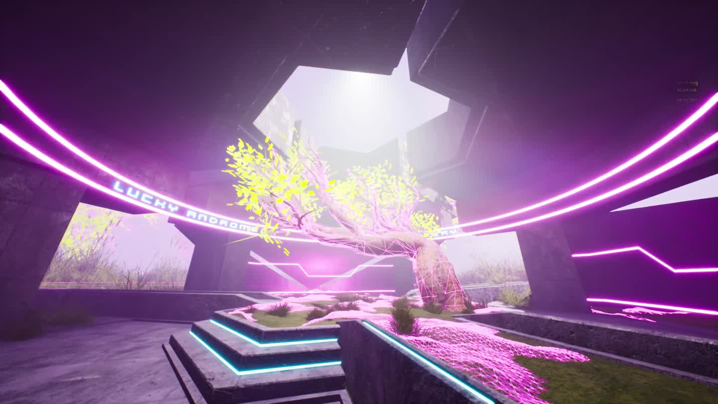 A glowing tree framed by violet-lit angular structures