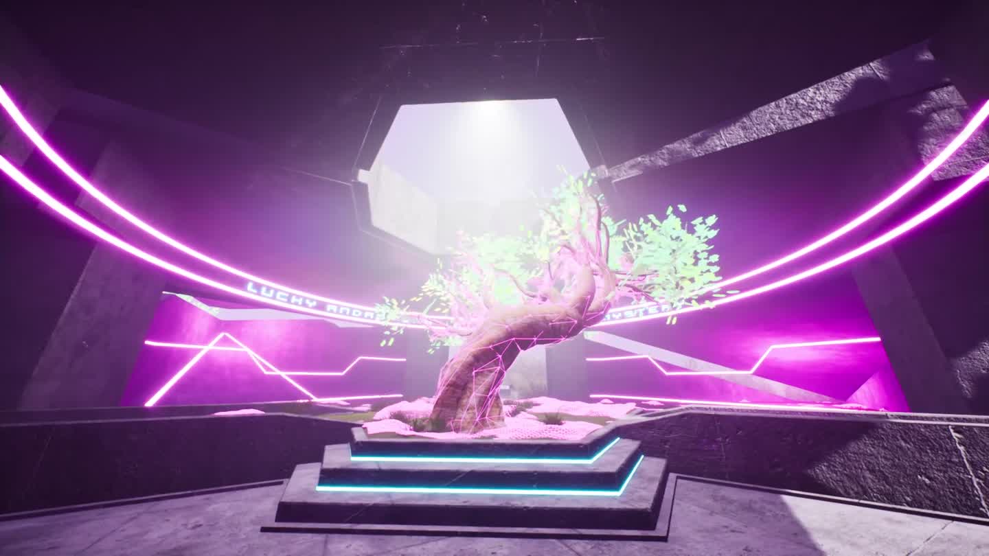 A second view of the luminous tree within a neon enclosure